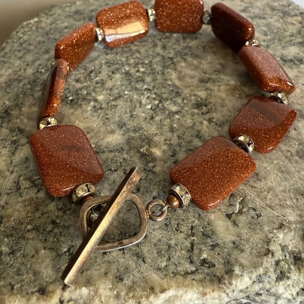 Sparkling Vintage Rectangular Goldstone Sterling … - image 2